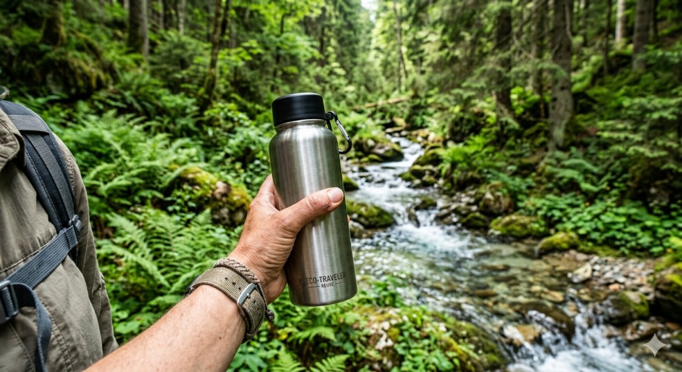 : A close-up of a traveler’s hand holding a reusable water bottle against a backdrop of a pristine
